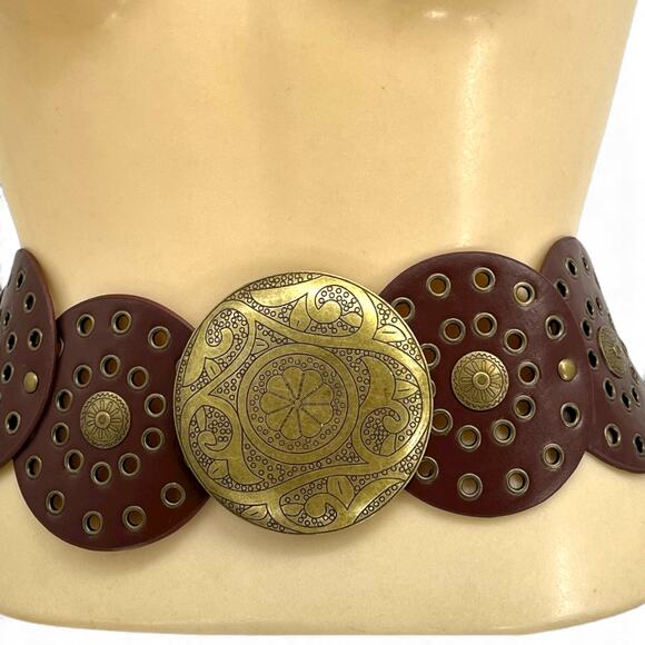 Women's NIB Boho Brass Riveted Belt & Buckle XL Statement Western Avantgarde - Picture 2 of 6